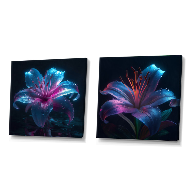 Blue Lily Dreams - ensemble de 2 carrés de lis floraux, H 16 po x l 33 po, Toile tendue