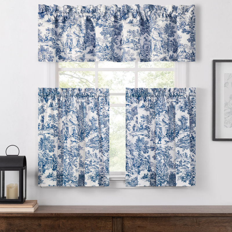 Amelie Cotton Toile Tailored Cafe Curtain, 68" W x 36" L, Blue