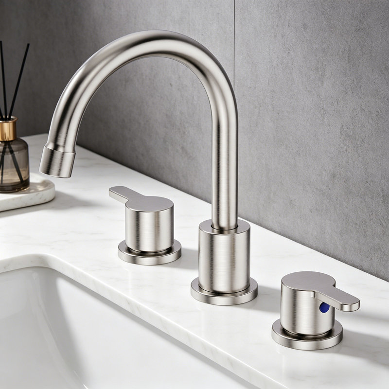 Robinet de lavabo de salle de bain surdimensionné en nickel brossé à 2 poignées à 3 poignées et 3 trous à 360 ° avec ensemble de bonde escamotable
