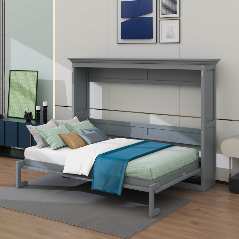 Lit escamotable horizontal Farmhouse, armoire de lit escamotable pliable, cadre de lit mural caché, Grey, Full