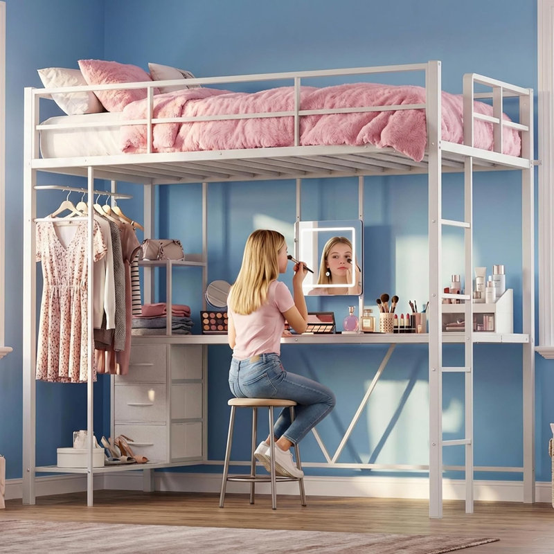 Lit mezzanine simple avec coiffeuse et tiroirs de rangement intégrés, White