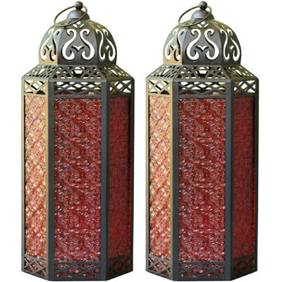 Moroccan Candle Lantern Decorative Candle Holder Lamp for Table or Hanging, Ramadan Decorations, Weddings, Indoor Home Decor, Outdoor Patio or Porch (Set of 2)