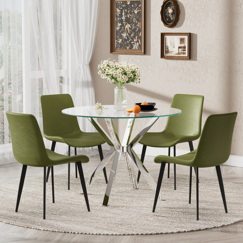 Ensemble de salle à manger Modern, 5 Pieces: Table, 4 Chairs, Green, Silver