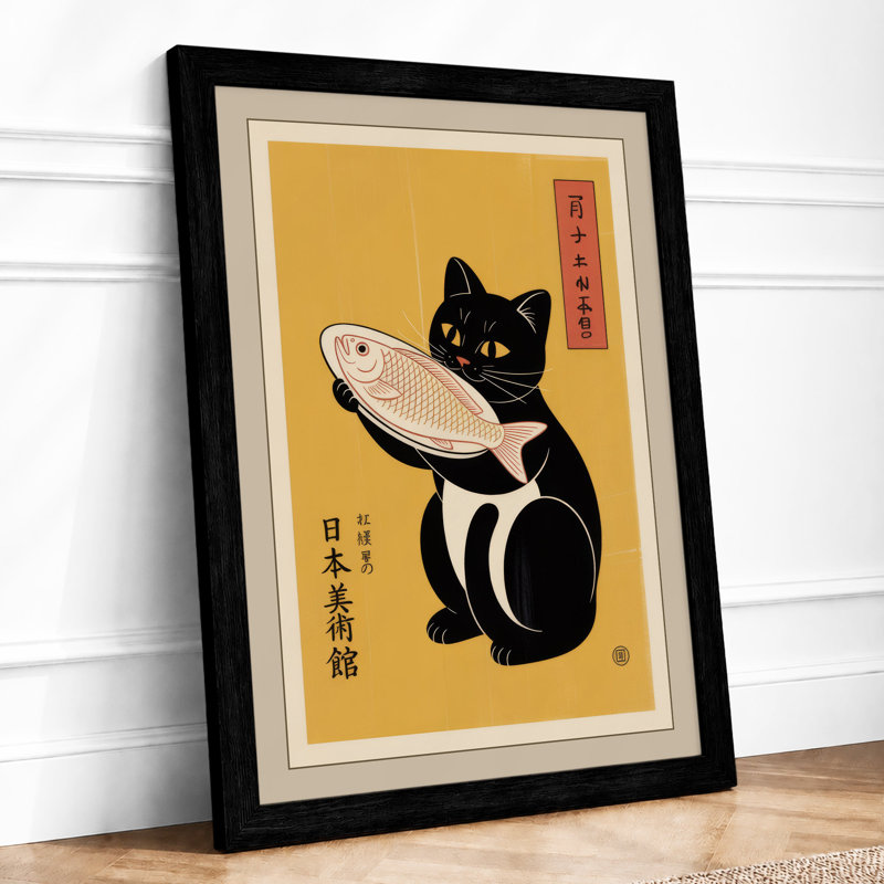 Cat with Fish Japandi - Framed Print, Black, A4 - 29.7 x 21.0 cm