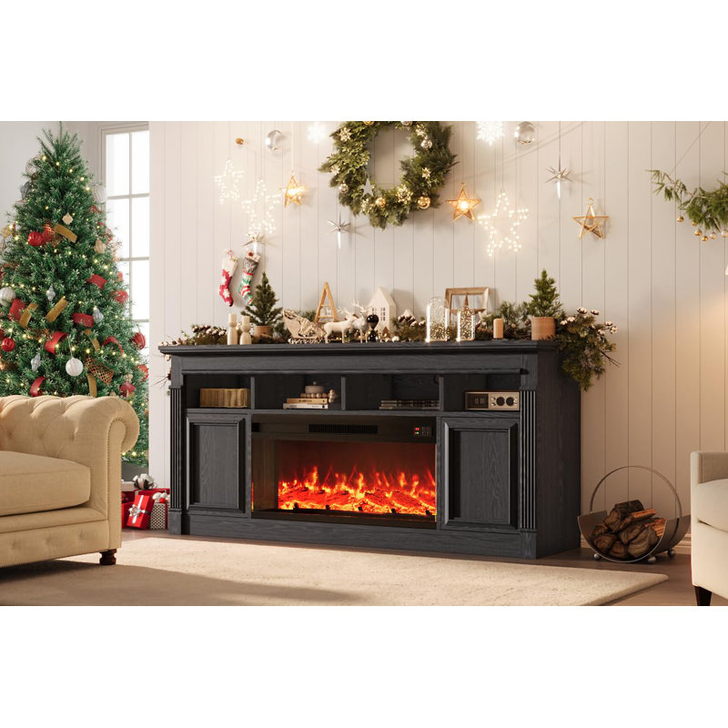 Fireplace TV Stand, Wooden Entertainment Center with Fireplace, Farmhouse Media Console with Storage Cabinets for Living Room