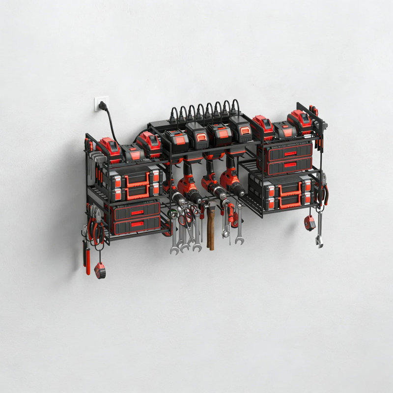 Rangement mural pour outils électriques avec station de charge - Support en métal pour perceuses, piles et accessoires, Rouge