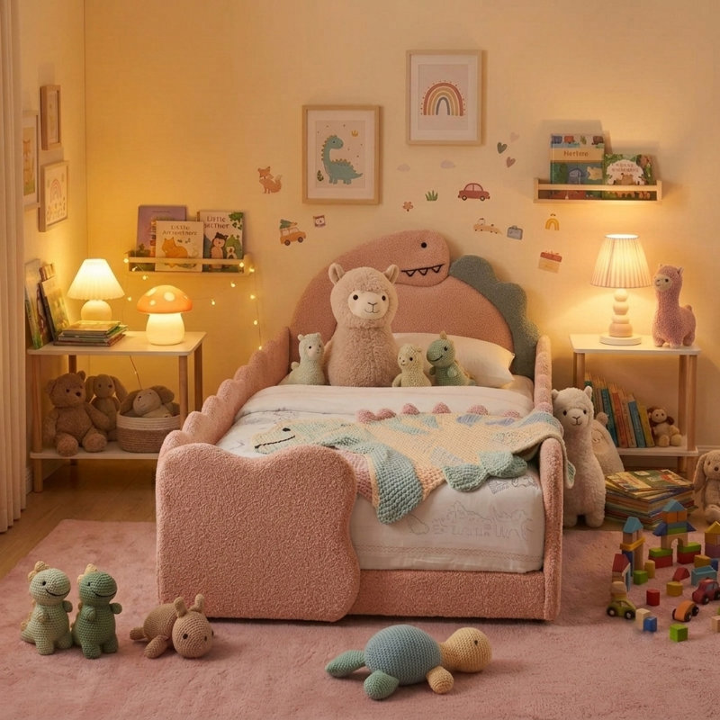 Cadre de lit simple pour enfant avec garde-corps de sécurité, cadre de lit pour tout-petit en forme de dinosaure pour enfants pour chambre à coucher, tissu bouclé, rose