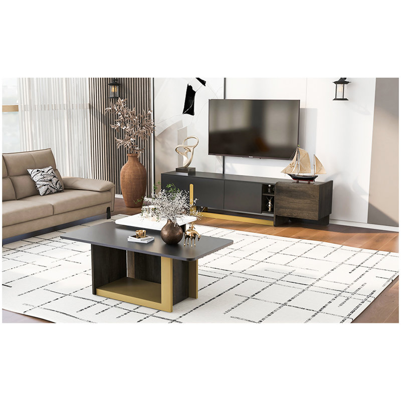 VIBE HAUS Modern Light Luxury TV Stand and Coffee Table Set of 2, Modern TV Console,Wood Center Tables with Spacious Top, Storage Cabinet & Open Adjustable Shelves for Living Room