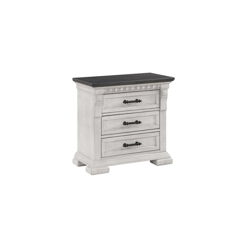 Table de chevet 3 tiroirs style transitionnel en bois blanc antique
