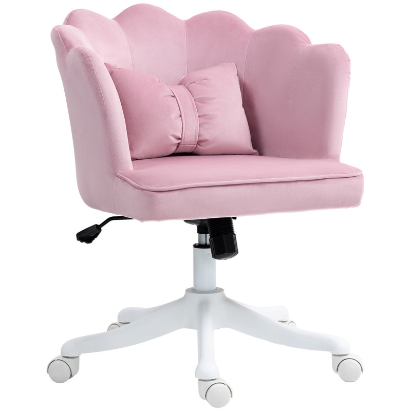 HOMCOM Computer Desk Chair, Shell Back, Bow Pillow, Swivel Wheels, Pink, Pink