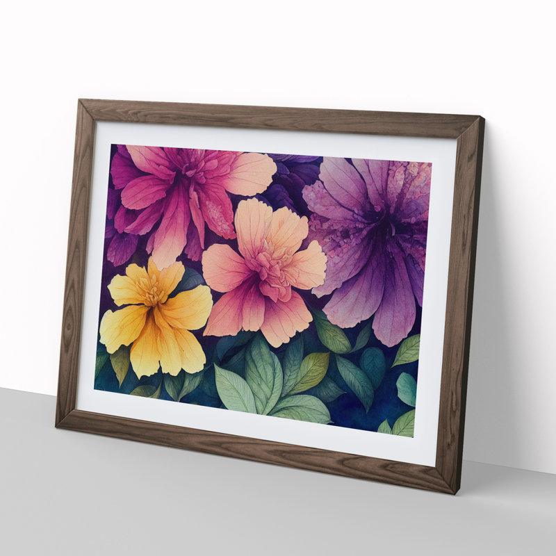 Watercolour Flowers - Single Picture Frame Print, 34cm H x 46cm W x 2cm D, Walnut Framed
