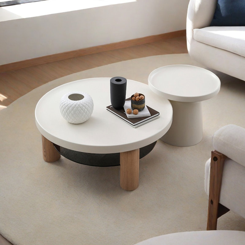 Table basse de style crème avec pieds en bois de frêne, Blanc / bois noueux, Blanc / Blanc