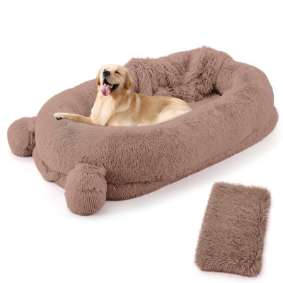 Human Sized Dog Bed for Adults & Large Pets – 71"x45"x12" Orthopedic Pet Sofa with Blanket, High-Density Foam, 2 Storage Pockets, Removable Washable Faux Fur Cover, Portable Lounge – Brown
