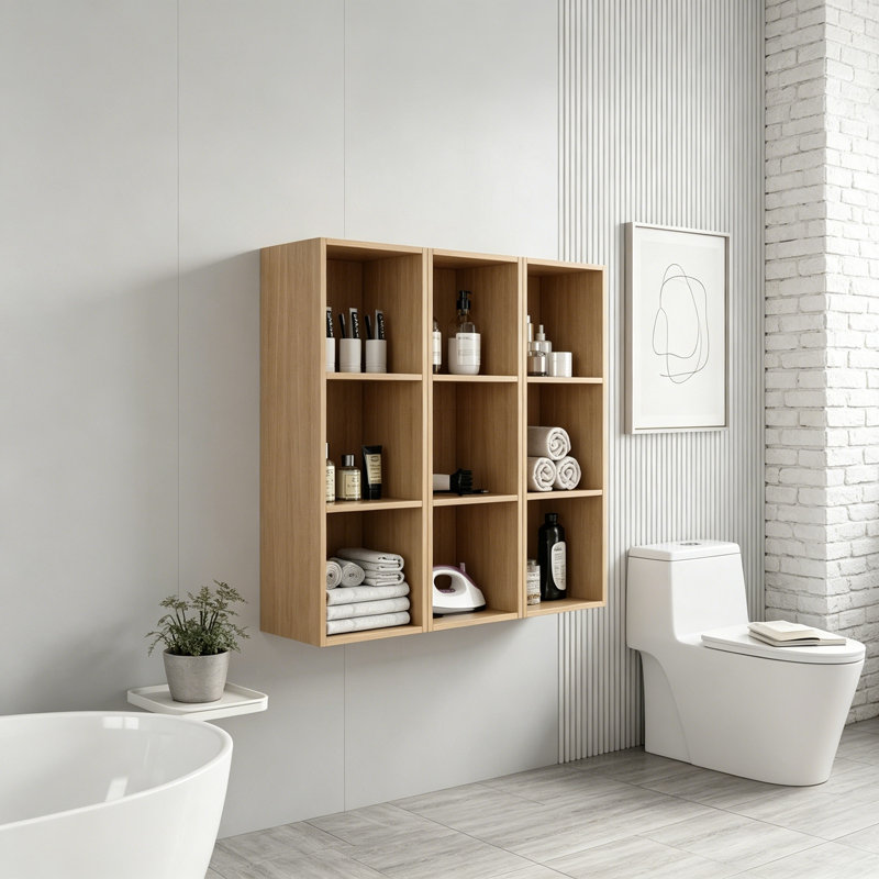 Armoire de rangement murale avec tablettes ouvertes, Natural