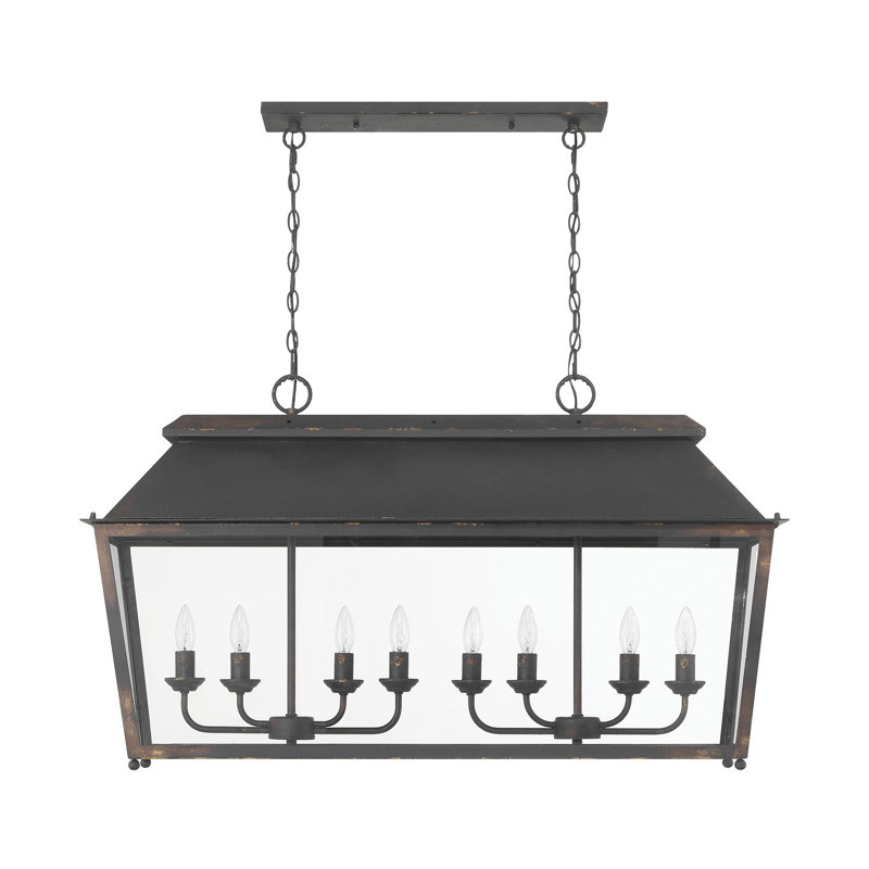 Luminaire suspendu linéaire 8 lumières Aramie en fer noir antique avec verre transparent, Fer noir antique