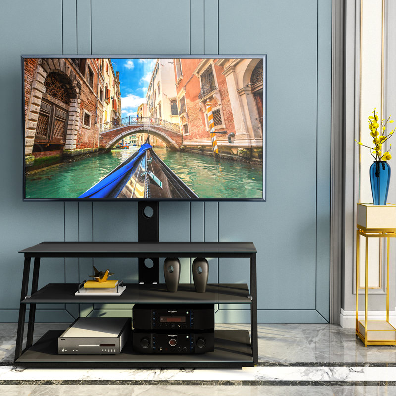 Support TV en verre trempé noir avec pivot et réglage en hauteur pour téléviseurs de 32 à 65 pouces - Pratique et réglable - Optimisation de l'espace