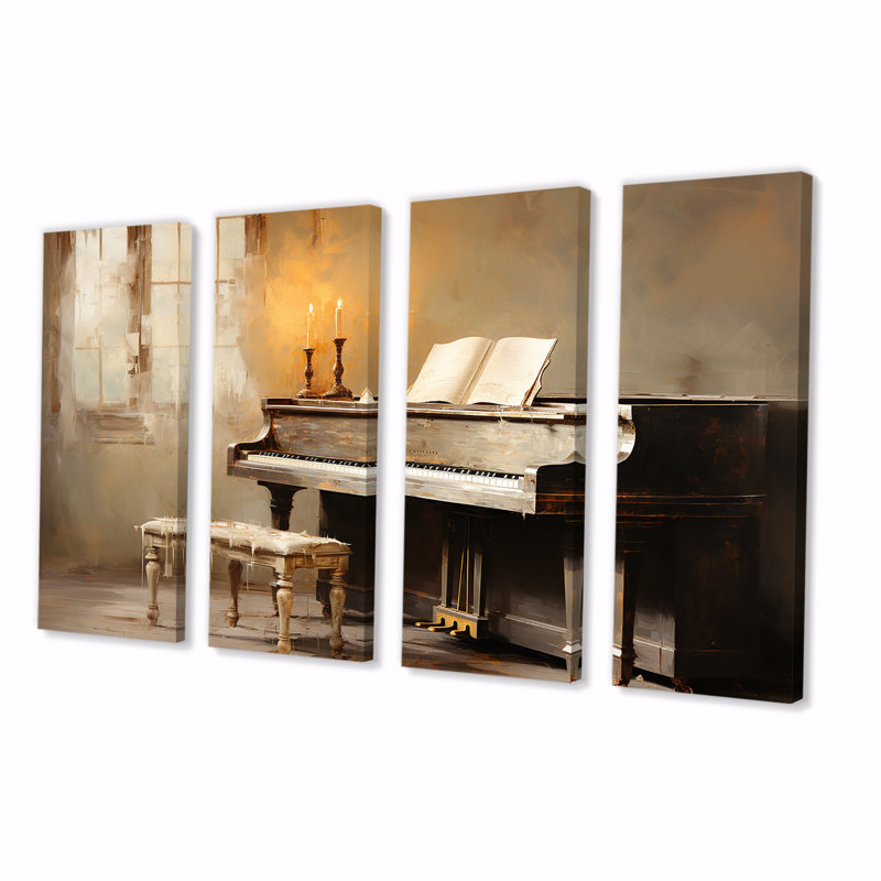 Rustic Brown Piano Melody II - Music Piano, art mural 4 pièces, H 28 po x l 48 po