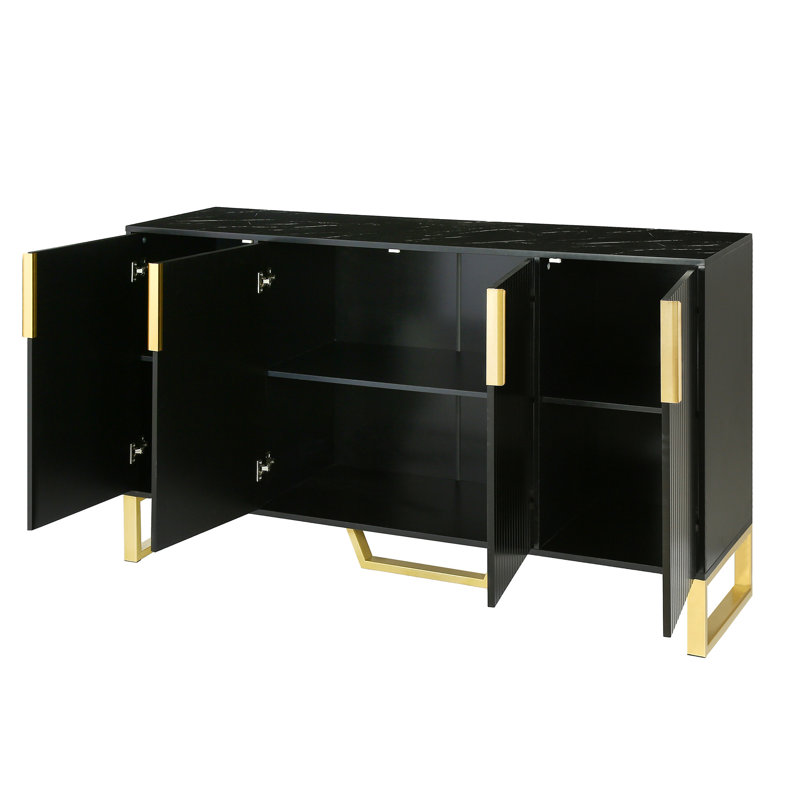 Armoire de cuisine moderne avec quatre portes, poignées et pieds en métal et tablettes réglables (noir), Noir