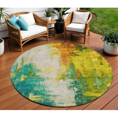 Tapis intérieur rond lavable abstrait vert et doré 8 pi