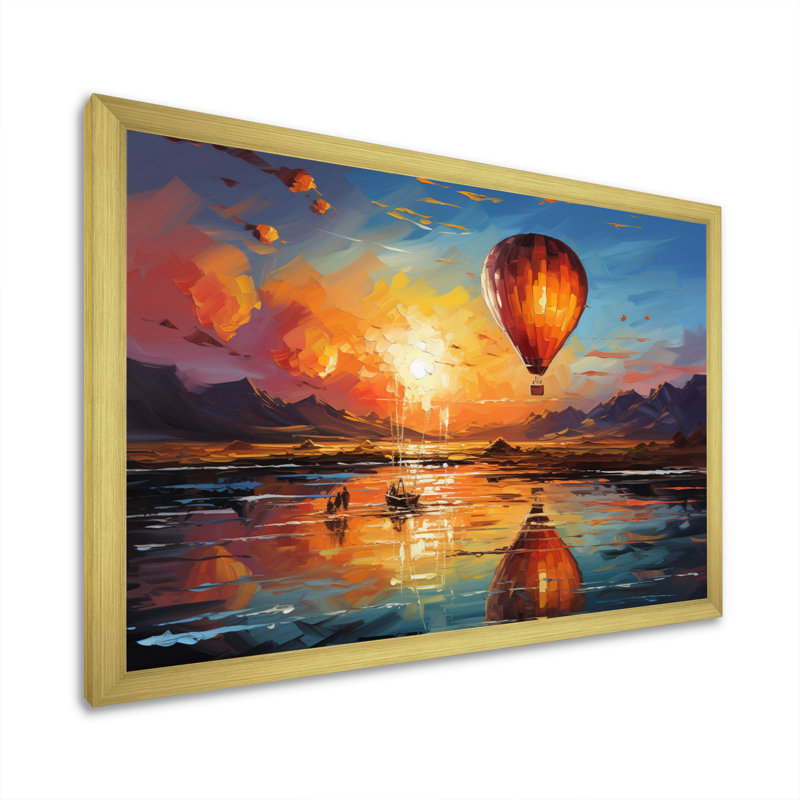 Jaune, montgolfière impressionniste - montgolfière, art mural, H 34 po x l 44 po x P 1,5 po, Cadre doré simple