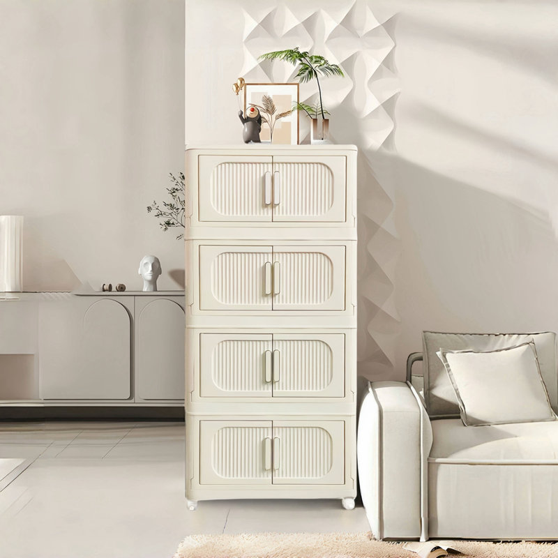 Side Wide Folding Storage Cabinet, White, 40.55" H x 19.69" L x 11.81" D