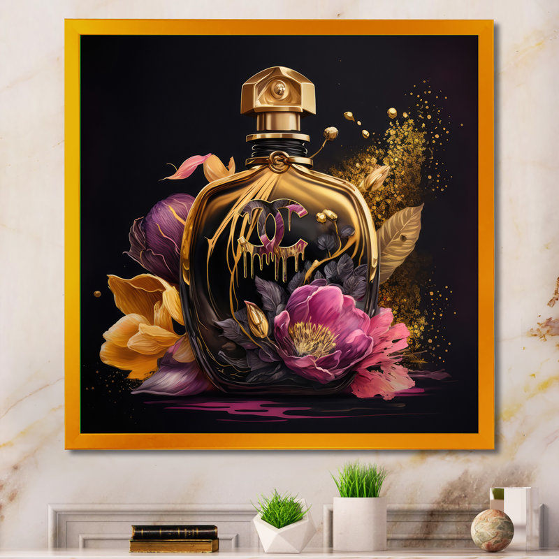 «Chic Black and Gold Perfume Bottle III», impression sur toile, Impression dorée sur toile encadrée
