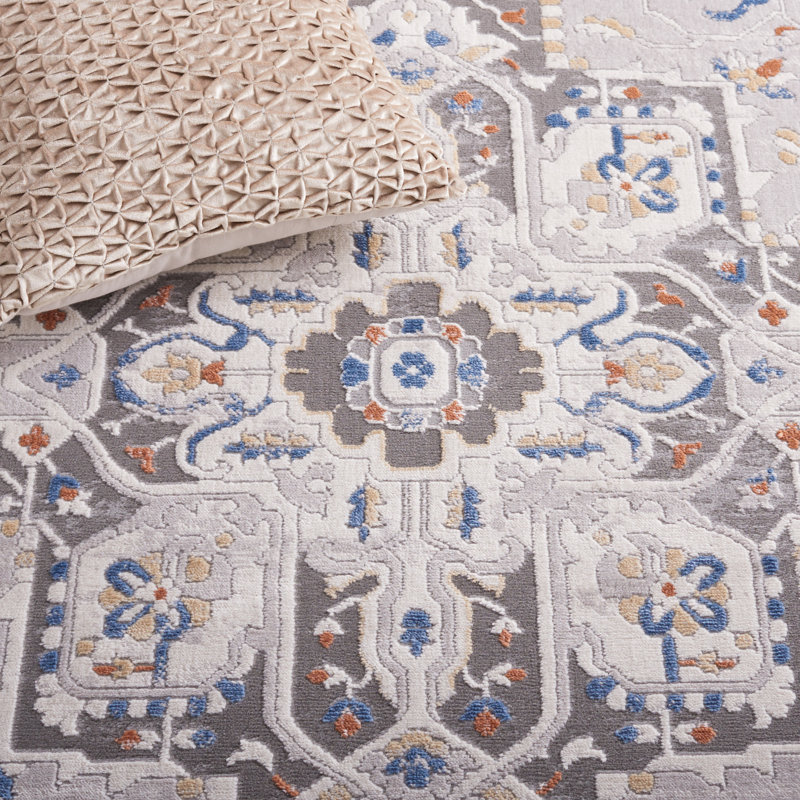 Tapis oriental en polypropylène / polyester tissé à la machine en gris / bleu, Tapis de couloir 2 pi 2 po x 8 pi