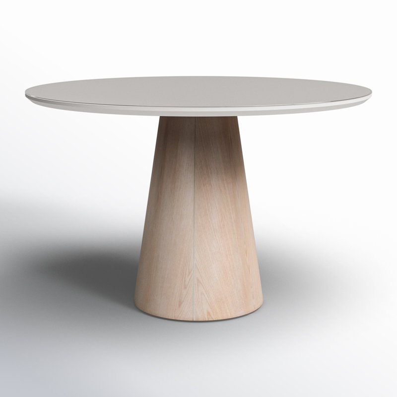 Round Glass Top Pedestal Dining Table with Off White Finish