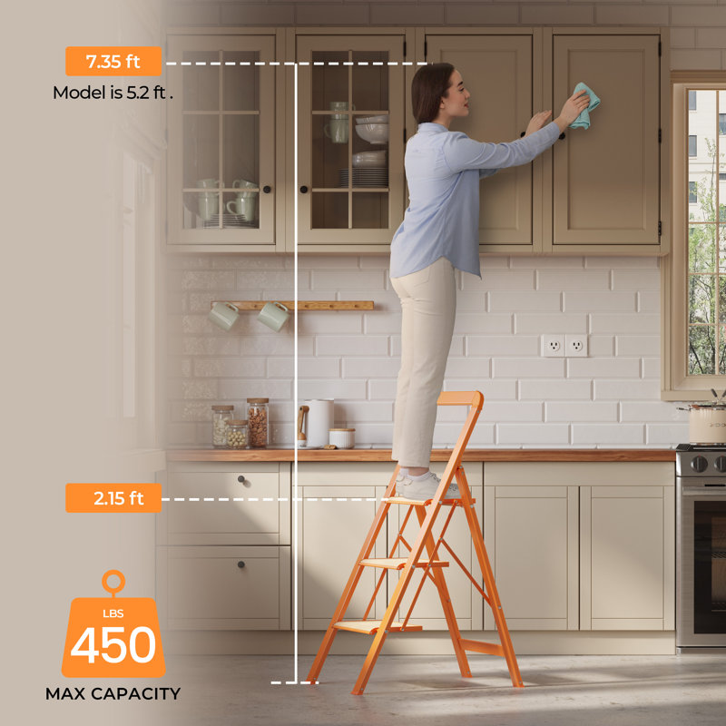 Escabeau en aluminium à 3 marches, Orange / bois
