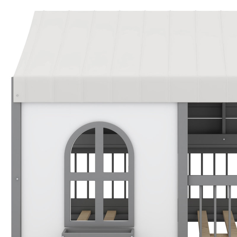 Lit House avec 2 grands tiroirs, bibliothèque latérale avec bande DEL, Gris