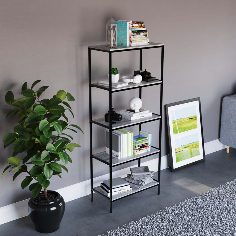 Sylvie 4 Tier Industrial Style Bookcase Living Room Shelving Unit With Metal Frame, Grey