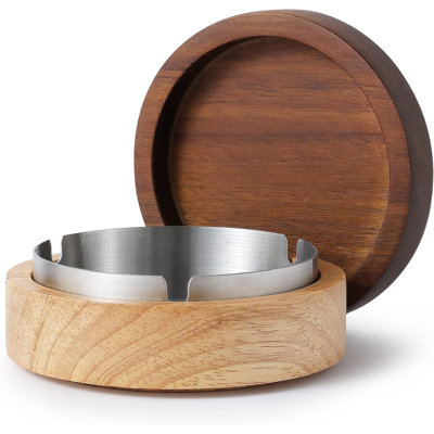 Wooden Ashtray with Lid for Smokers Stainless Steel Liner Ash Tray Windproof Durable Easy to Clean Cool Ashtrays for Indoor or Outdoor Use, Patio, Office & Home