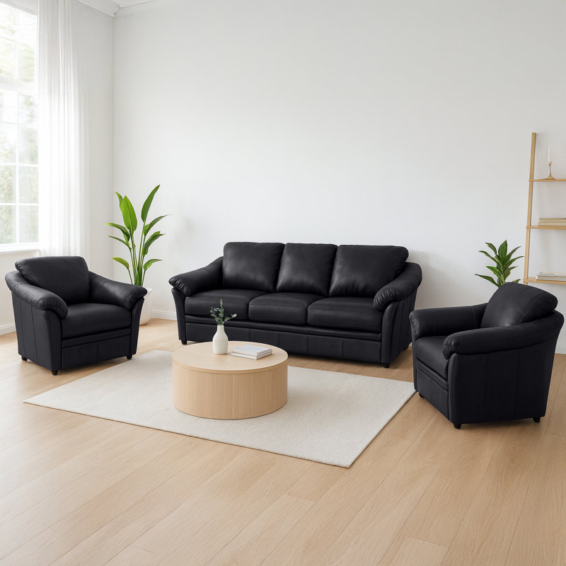 Ensemble de canapé en cuir fleur et 2 chaises Ramdev, Caramel Genuine Leather