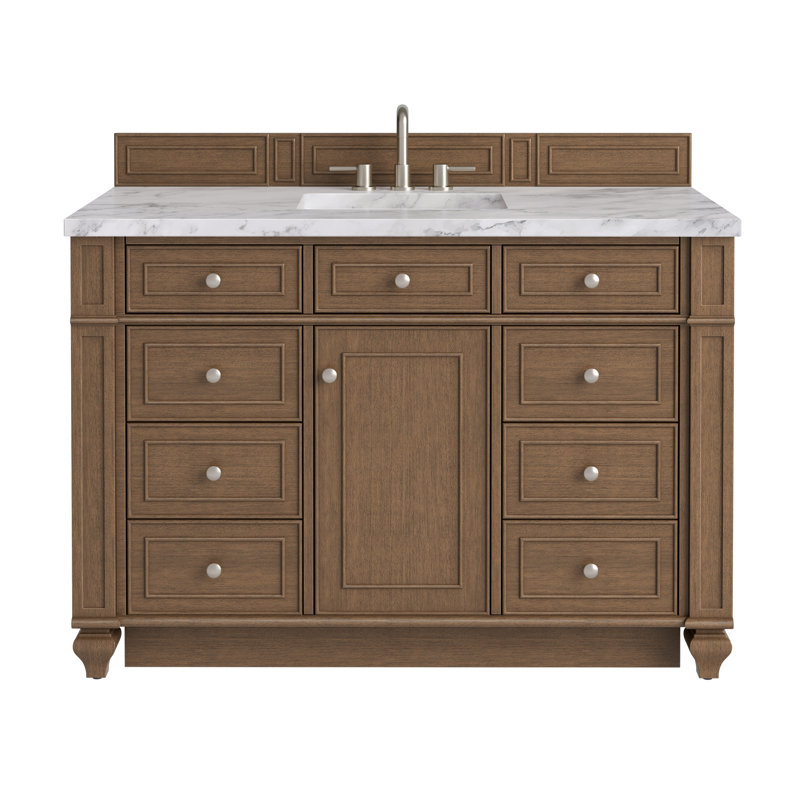 Calisto 48'' Single Bathroom Vanity with Stone Top, Saddle Brown, Carrara White, 8" Widespread