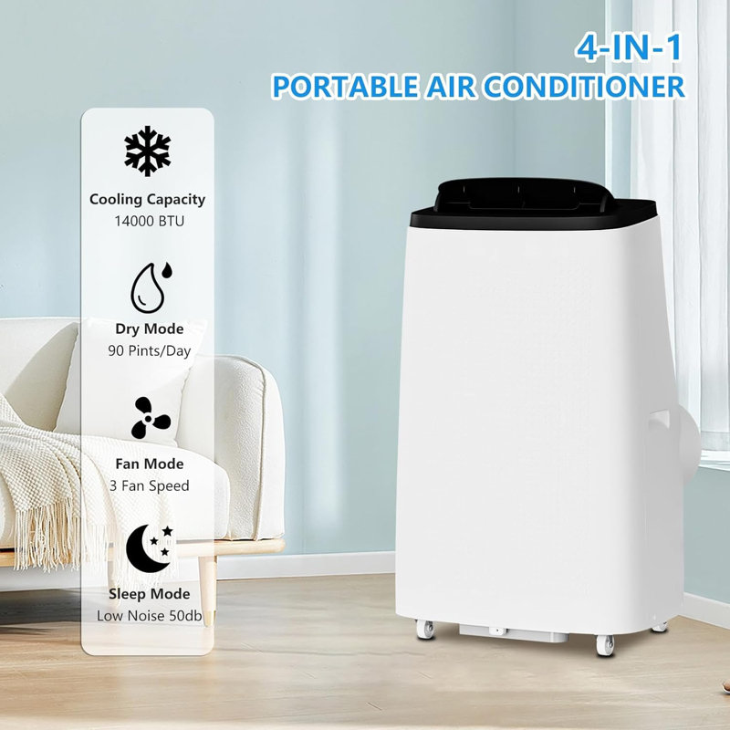 Climatiseur portatif 14 000 BTU avec télécommande, unité CA 3-en-1 silencieuse avec mode veille, minuterie et ensemble de fenêtre, refroidit les pièces jusqu'à 750 pieds carrés Ft, blanc