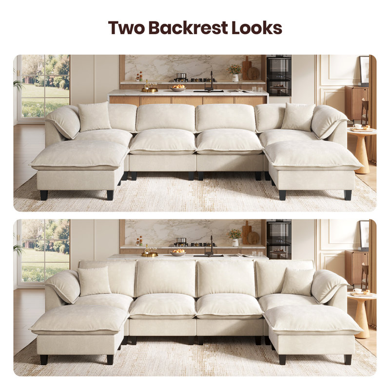  143.7" Chenille Modular Sectional Sofa With Storage Ottoman, Washable Cushion Covers, Padded Armrests, Extra-Thick Deep Cushions, Tool-Free Assembly, Beige