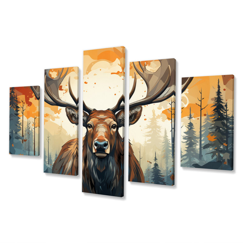 Brun, orange, orignal, majestueux géométrique I - animaux, art mural sur toile - 5 panneaux