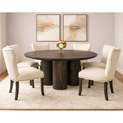 Sullivan 63" Round Dining Table Set With 6 Ivory Chairs