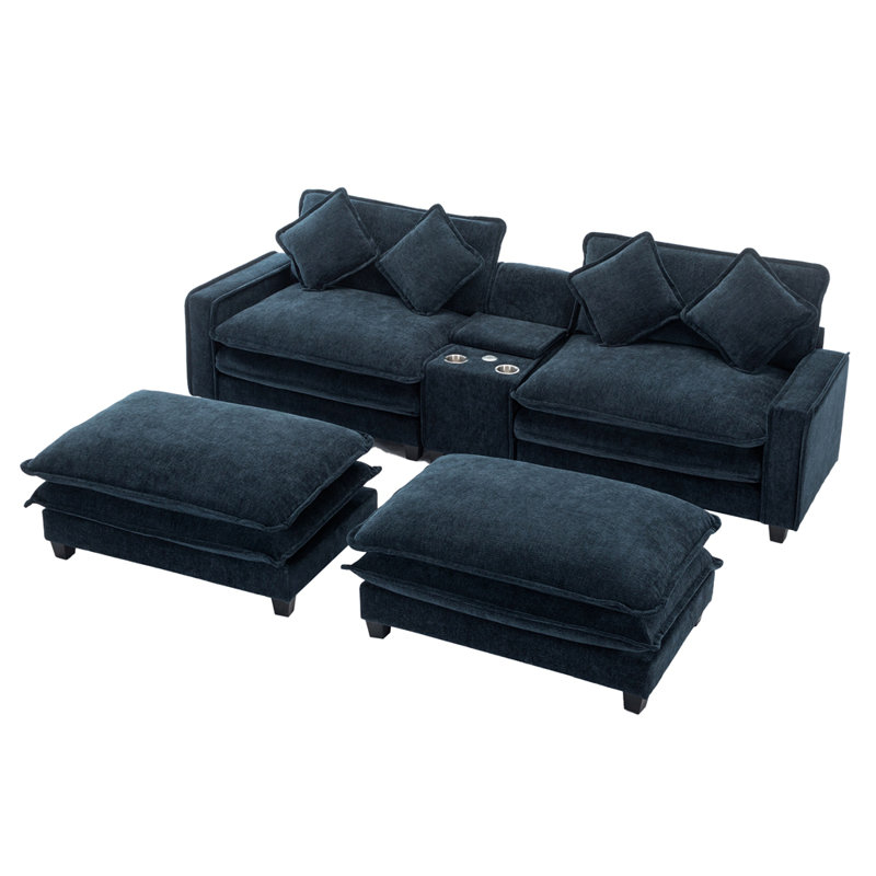 Canapé modulaire contemporain en chenille de 111 po avec deux repose-pieds amovibles, deux ports USB, deux porte-gobelets et une grande boîte de rangement
