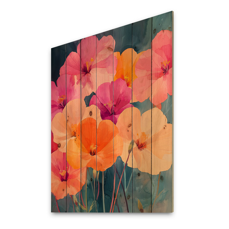 Abstract Geraniums In Summer Motion II - Geraniums Wood Wall Art - On Natural Pine Wood, 20" H x 10" W x 0.78" D