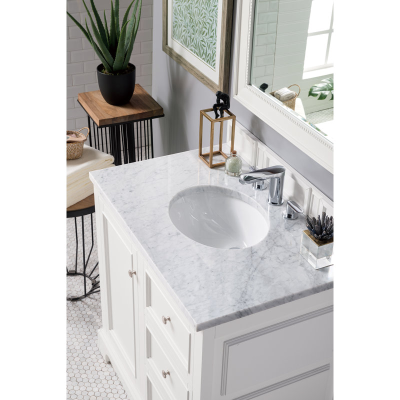 De Soto 36'' W Single Vanity, Bright White, Carrara White Marble, 8" Widespread