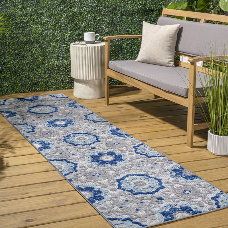 Leto Medallion Blue/Gray Indoor/Outdoor Rug, Runner 2'3" x 10'