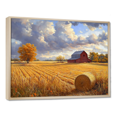 Art mural de bouleau, toile de lac d'automne, champs de récolte de grange dorée