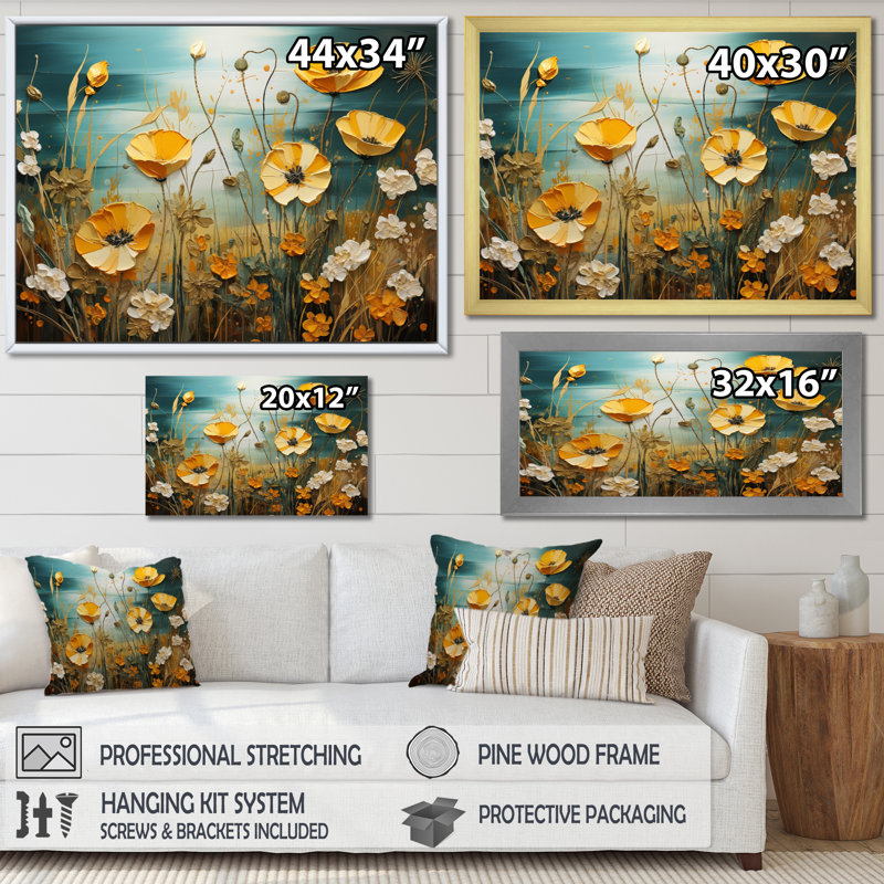 «Yellow Buttercups Yellow Glow», impression sur toile encadrée, H 34 po x l 44 po x P 1,5 po, Encadrement doré