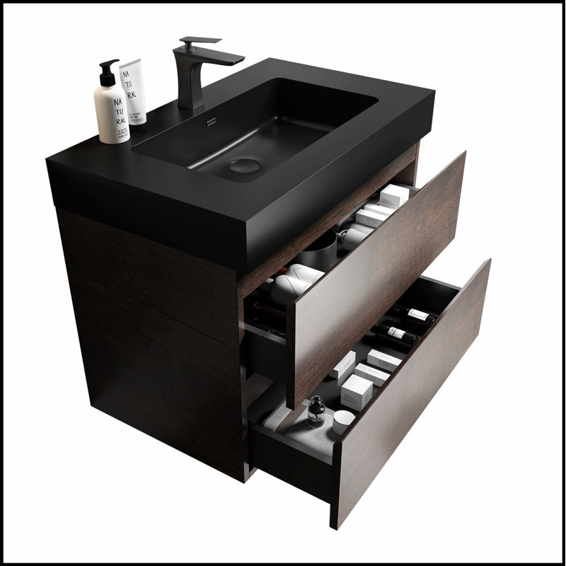 Meuble-lavabo mural avec lavabo en céramique, trois trous de robinet et grand rangement pour salle de bain moderne, pré-assemblé
