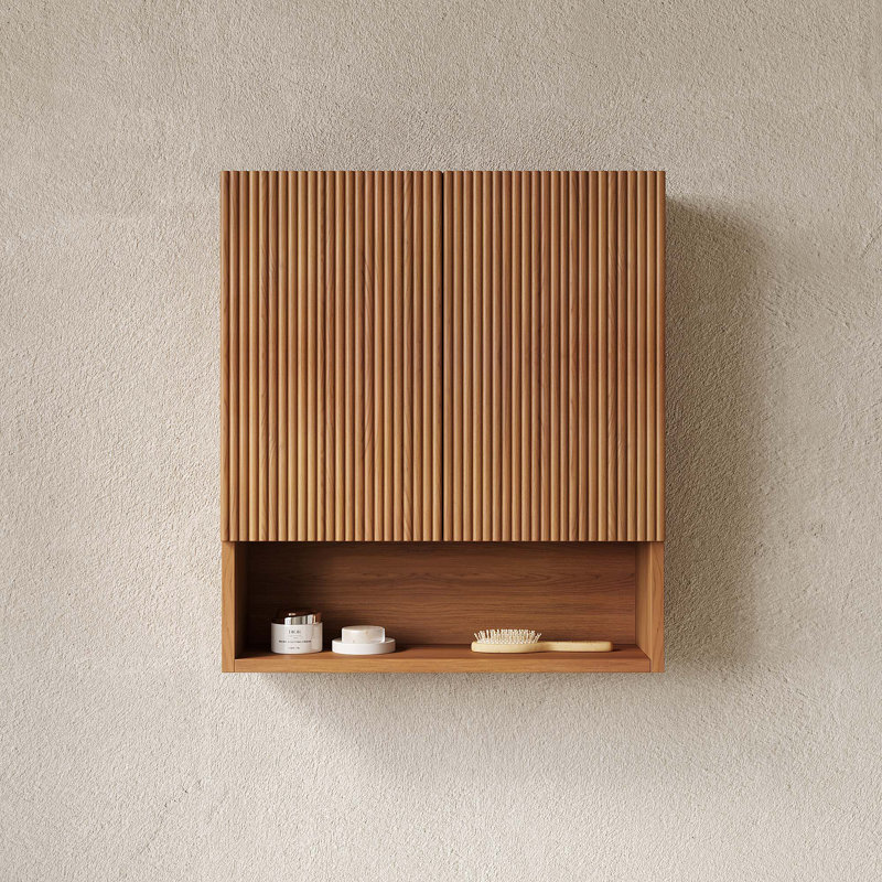 26" Wall-Mounted Striped Bathroom Cabinet, With Doors, Brown Oak