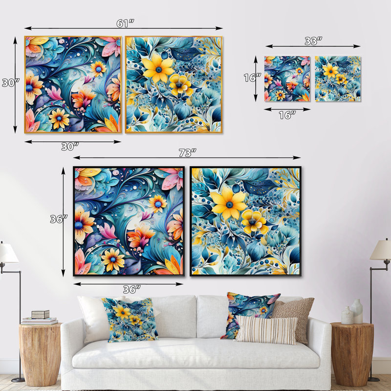 Tavistock - Ensemble de 2 collages floraux et botaniques carrés, Cadre flottant noir, H 16 po x l 33 po
