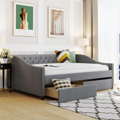 Full Size Daybed With Two Drawers, Gray Upholstered, Strong Base Elegant Upholstered Gray, Structure Support