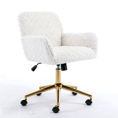 Beige Office Chair, Artificial Rabbit Hair Home Office Chair, With Golden Metal Base, Adjustable Desk Chair Swivel Office Chair, Vanity Chair