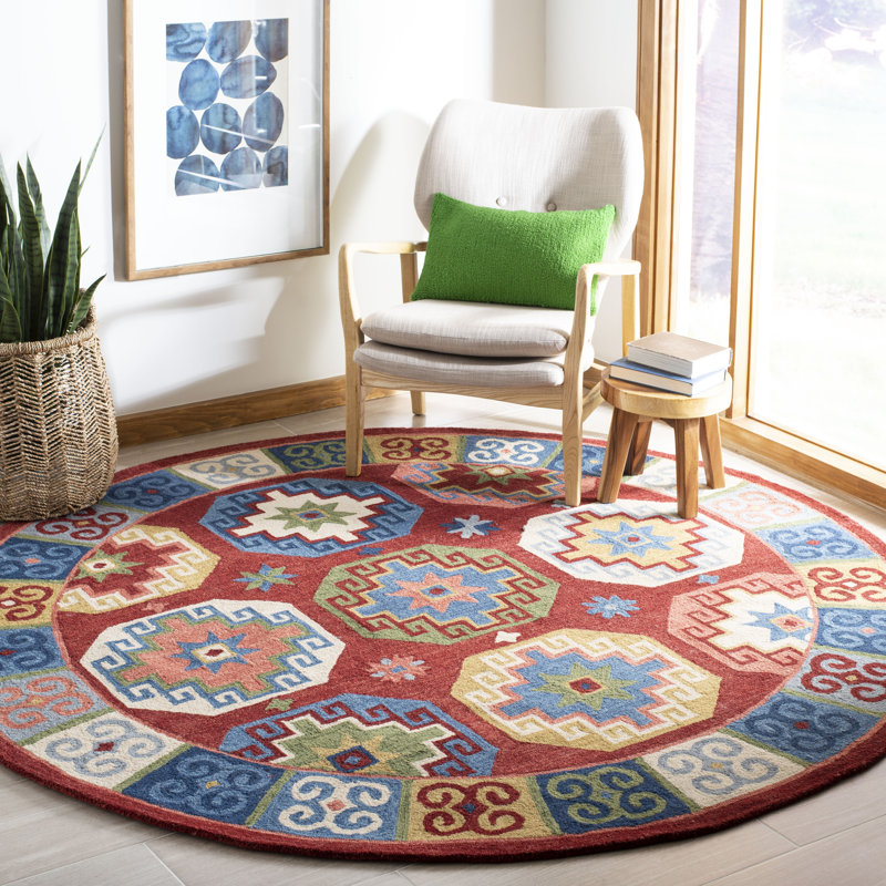 Vahakn Hand Tufted Wool/Cotton Southwestern Rug in Blue/Red, Round 3'